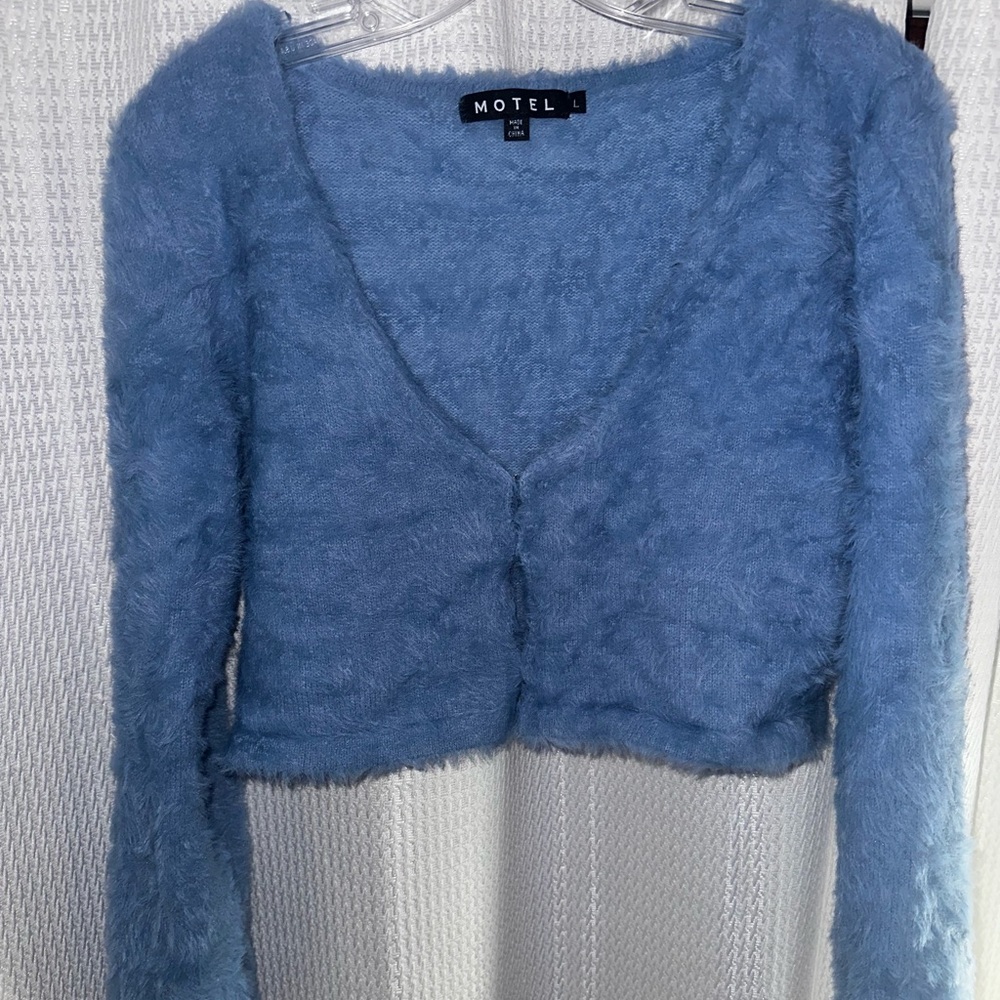 Motel Rocks Blue Fuzzy Crop Sweater